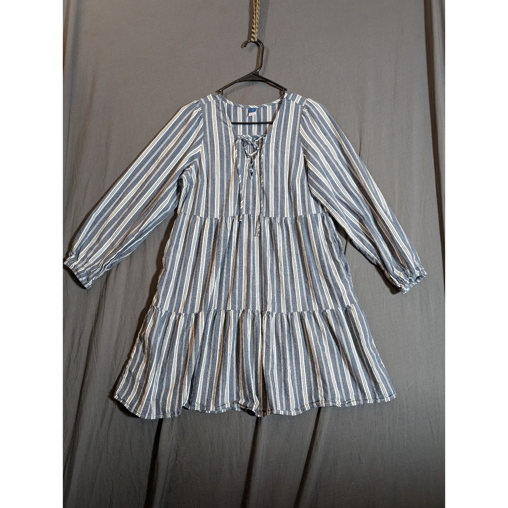 Old Navy 90's Blue Striped Lace Up Tiered Long Sleeve Swing‎ Dress Size Small